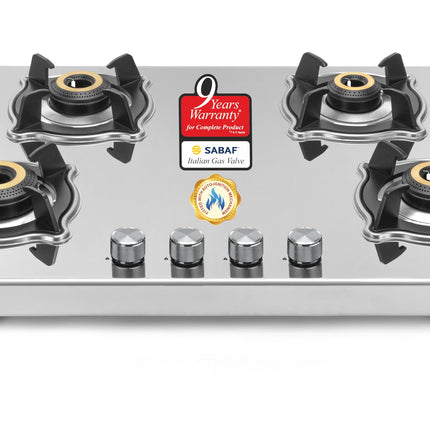 Sujata Robusto Gas Stove 4 Burners | 9 Years Warranty, ISI Certified | 4 Burner Gas Stove Stainless Steel Auto Ignition, LPG Ready & PNG Compatible, SABAF, 360° Rotating Nozzle, Jumbo Brass Burner 