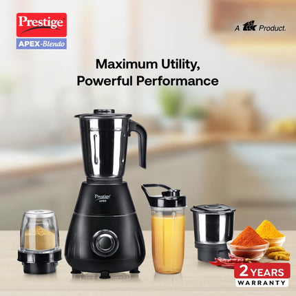 Prestige Apex Blendo 500W 4Jars Mixer Grinder|2 Full Size Stainless Steel Jar|2 Nutri-Blend Jar|3 Super Efficient Blades|Black 
