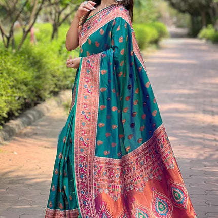 SGF11 Women's Kanjivaram Paithani Soft Silk Sarees For Womens With Blouse Piece (Rama Green) 