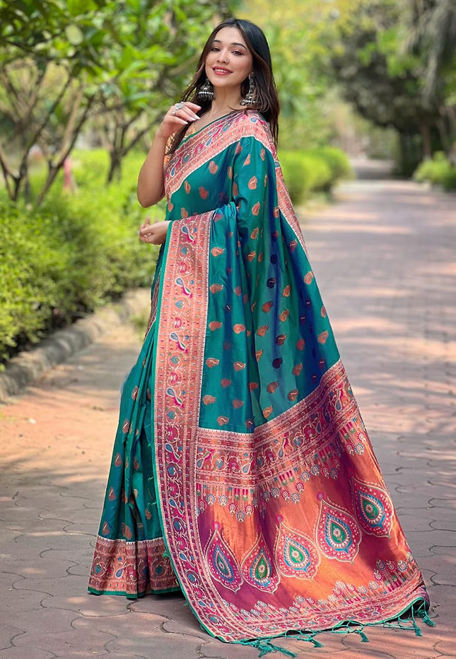 SGF11 Women's Kanjivaram Paithani Soft Silk Sarees For Womens With Blouse Piece (Rama Green) 