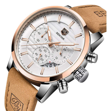 BY BENYAR Quartz Chronograph Waterproof White Dial Business and Sport Design Leather Band Strap Men's Wrist Watch (Brown) 