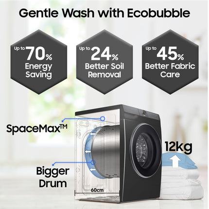 Samsung 12 kg, 5 Star, AI Control, Super Speed, Wi-Fi, Hygiene Steam with Inbuilt Heater, Digital Inverter, Fully-Automatic Front Load Washing Machine (WW12DB7B24GBTL, Black) 
