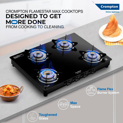 Crompton FlameStar Max 4 Burner Glass Top LPG Gas Stove | 1 Jumbo & 3 Medium Brass Burner | Max Space | Easy Cleaning | Toughened Glass| Tri Pin Brass Burners |2 Year Manufacturer's Warranty 