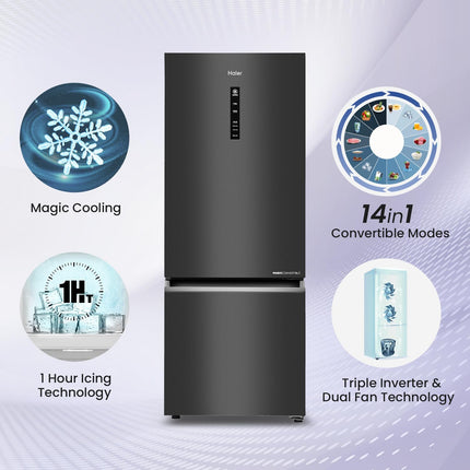 Haier 325 L 3 Star Frost Free Bottom Mount Double Door Refrigerator|Convertible 14-in-1|Jhukna Mat-Bottom Freezer|Digital Display Panel|Triple Inverter|Twist Ice Maker (HEB-333GB-P, Graphite Black) 