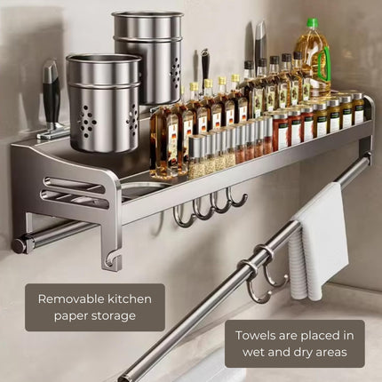 HomeEssentials Wall Mounted Kitchen Rack - Shelf for Kitchen / 2 Plastic Cutlery Boxes/Cup Holders, Spatula, Spoon, Ladle Hangers/Stand with Hooks for Accessories Storage (50x12 CM) 