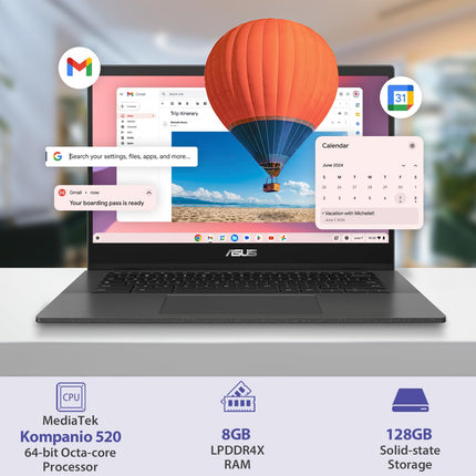 ASUS Chromebook CM14, Octa-Core MediaTek Kompanio 520, 14" (32.46 Cms) FHD, Thin and Light Chromebook (8GB RAM/128GB eMMC Storage/Chrome OS/Gray/1.45 Kg), CM1402CM2A-NK0129 