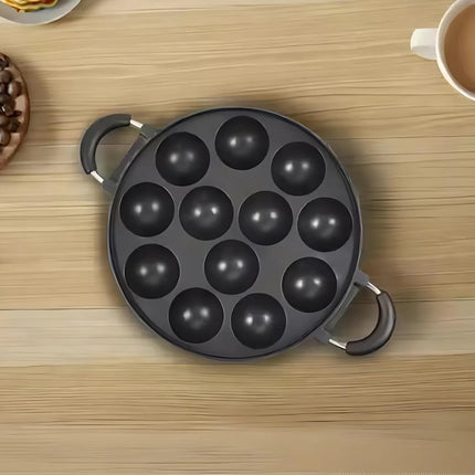 HomeEssentials Appam Pan - 12 Pit/Cup Appe Maker/Pre-Seasoned/Pan for Mini Pancakes, Litti, Potato Balls & Stuffed Snacks/Appe Pan Paniyarakkal/Dual Side Rubber Handle (28cm, Aluminium) 