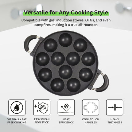 HomeEssentials Appam Pan - 12 Pit/Cup Appe Maker/Pre-Seasoned/Pan for Mini Pancakes, Litti, Potato Balls & Stuffed Snacks/Appe Pan Paniyarakkal/Dual Side Rubber Handle (28cm, Aluminium) 