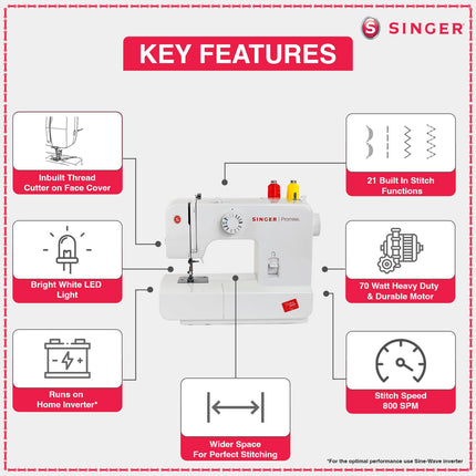 Singer Promise 1408 Zig-Zag Sewing Machine, 8 Built-in Stitches, 24 Stitches Functions with 70W Powerful motor & Feed dog with106 Teeth in 6 Rows (White)-Get Free Online Interactive Master Class 