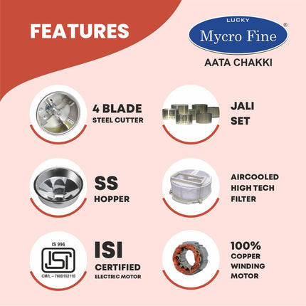 Lucky Mycrofine Eco Orange Flower Atta Chakki, Flour Mill 7 to 8KG Container Capacity Fully Automatic Domestic Ghar Ghanti for Grinding Masala and Grains, with Standard Accessories (0.75 Units/Hr) 