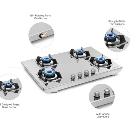 Sujata Robusto Gas Stove 4 Burners | 9 Years Warranty, ISI Certified | 4 Burner Gas Stove Stainless Steel Auto Ignition, LPG Ready & PNG Compatible, SABAF, 360° Rotating Nozzle, Jumbo Brass Burner 