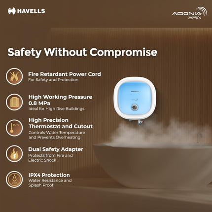 Havells All New Adonia Spin 15L 5 Star Storage Water Heater(Geyser)|Faster Heating|Safe to use|Saves electricity|Feroglas Coated Anti Rust Tank| Temp. setting knob|7 Yr. Tank Warranty| Made In India 