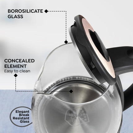 Prestige PKGB 1.8 Litre Electric Glass Kettle| LED Power Indicator| Borosilicate Glass| Automatic Power Cut-Off| Concealed Element| 360 Degree Swivel| Cool Touch Handle 