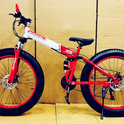 Amaze Power B.M.V X-6 26-Inch Fat Tire Folding Mountain Bike with Dual Suspension, 21-Speed Gear System, Double Disc Brakes, Carbon Steel Frame – Multi-Color Options 