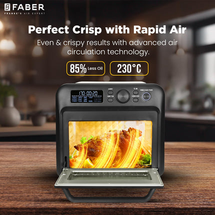 Faber Air Fryer Oven 20L, Digital Control, Bake Tray, SS Wire Tray & Basket, Crumb Tray, Rotisserie Kit | 15 Preset Auto Program | Bake,Roast,Fry,Toast,Defrost | FAO 20L BK 15DF 
