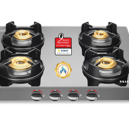 Sujata Deluxe Auto Ignition Gas Stove | 9 Years Warranty | Gas Stove 4 Burners Glass Top, 4 Burner Stove, SABAF, ISI Certified, LPG & PNG Compatible, Jumbo Brass Burner (Black) 