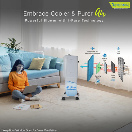 Symphony HiFlo 40 Personal Air Cooler For Home with Powerful Blower, Honeycomb Pads, i-Pure Technology and Low Power Consumption (40L, Light Grey) 
