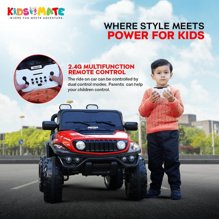Kidsmate Power Ride Battery Operated Baby Car Jeep for Kids | Remote Control Car with RGB Lights, Music & 12V Rechargeable Battery | Perfect Ride-On Toy 4 Wheel Car for Boys & Girls Ages 3-8 Yr (Red) 