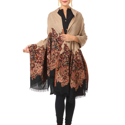 Pashtush Women's Kashmiri Jamawar Shawl, Jacquard palla, Warm and soft, Faux Fine Wool (Black and beige)