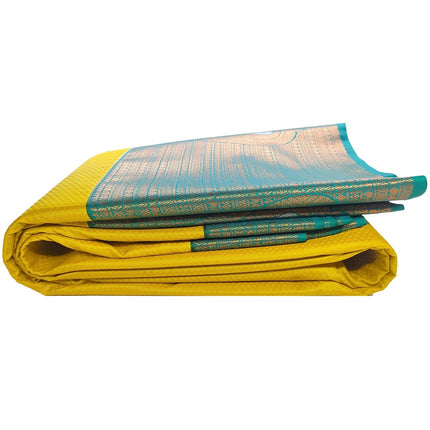 Women Kanchipuram Pure Silk Saree Original Golden Zari Intricate Jacquard Weaves Traditional Rich Zari Border & Contrast Zari Rich Pallu(Yellow)-Silk Mark 