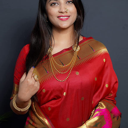 SGF11Women's Paithani Kanjivaram Pure Soft Silk Handloom Saree Pure Golden Zari With Blouse Piece (Red) 