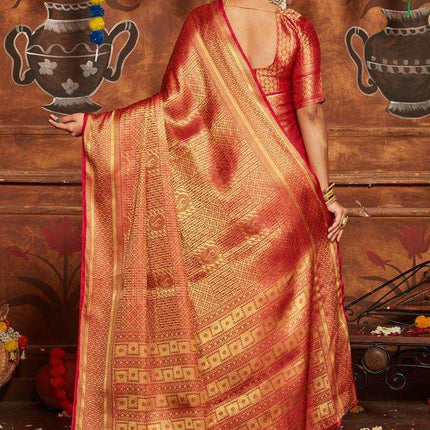 premvastra Women's Pure Silk Brocade Mysore Silk sarees Banarasi Silk Jacquard Zari Work With Unstitched brocket blouse with borders-013 (Carmine) 