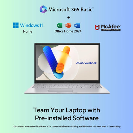 ASUS Vivobook 15, Intel Core i3 13th Gen 1315U, 12GB RAM, 512GB SSD, FHD 15.6", Windows 11, Office Home 2024, Cool Silver, 1.7Kg, X1504VA-BQ331WS, Intel UHD iGPU, Thin & Light, 42Whrs Laptop 