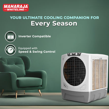 Maharaja Whiteline Rambo Grey Desert Air Cooler | 65 Lt Water Tank | Inverter Compatible | Wood Wool Pads | Anti-Bacterial tank | Dry Run protected submersible pump |720x730x890 mm | 2 Yr Warranty 