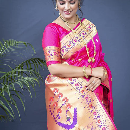 SGF11 Women's Paithani Kanjivaram Pure Soft Silk Handloom Saree Pure Golden Zari With Blouse Piece (Pink) 