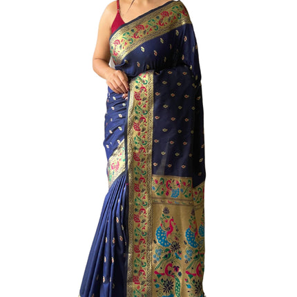 SGF11 Women's Paithani Soft Lichi Silk Kanjivaram Sarees With Blouse Piece (Dark Blue) 