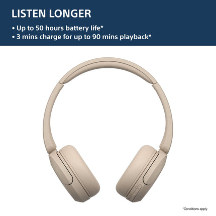 Sony WH-CH520 Wireless Bluetooth Headphones with Mic, Up to 50Hrs Battery-Beige 