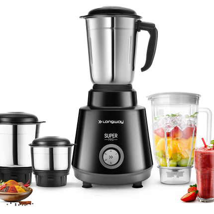 Longway Super Pro 750 Watt Juicer Mixer Grinder with 4 Jars for Grinding, Mixing, Juicing with Powerful Motor | 2 Year Warranty | (Black, 4 Jars) 