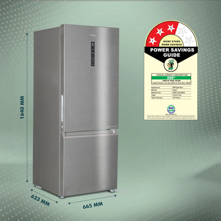 Haier 325 L, 3 Star, Convertible 14-in-1 Triple Inverter & Fan Motor Technology, with Display Frost Free Double Door Bottom Mount Refrigerator (HEB-333DS-P, Dazzle Steel, 2024 Model) 
