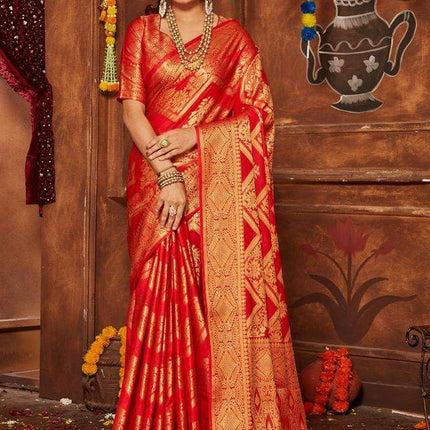 premvastra Women's Pure Silk Brocade Mysore Silk sarees Banarasi Silk Jacquard Zari Work With Unstitched brocket blouse with borders-018 (Red) 