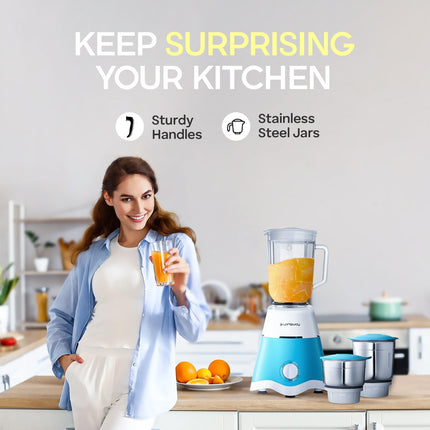 Longway Super Dlx 750 Watt Juicer Mixer Grinder with 4 Jars for Grinding, Mixing, Juicing with Powerful Motor | 2 Years Warranty | (White & Blue, 4 Jars) 