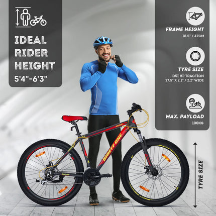 NINETY ONE Limited Edition Manchester 27.5T 21 Speed Shimano ACERA Gears Alloy Bike with Dual Disc Brake Hybrid Bike (Black and Red, 12+ Years, 27.5 x 2.2, 18.5 Inches Frame) for Men 