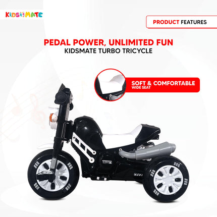 Kidsmate Turbo Bike Pedal Tricycle for Kids | Musical Horn & Lights | Ages 3-6 | Black-White 