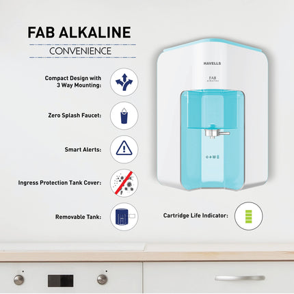 Havells Fab Alkaline Water Purifier (White & Sky Blue), RO+UV+Alkaline, Filter Alert, Copper+Zinc+Minerals, 7 Stage Purification, 7L Tank, Suitable for Borwell, Tanker & Municipal Water 