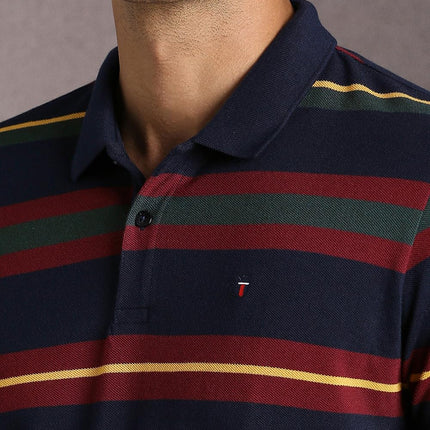 Louis Philippe Men's Striped Slim Fit T-Shirt (LYKPCSLBN12553_Navy 
