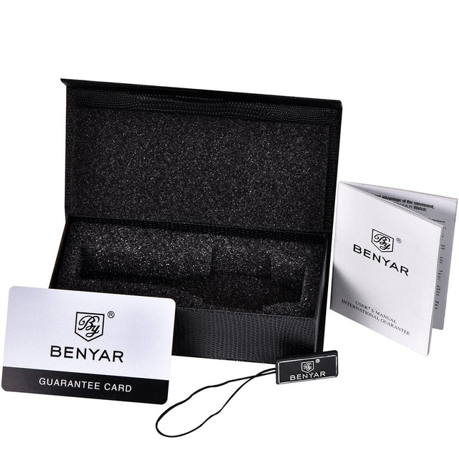 BY BENYAR Quartz Chronograph Waterproof White Dial Business and Sport Design Leather Band Strap Men's Wrist Watch (Brown) 