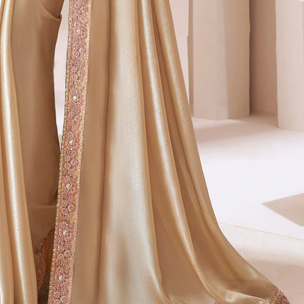 AKHILAM Women's Cream Pure Chiffon Embellished Saree With Unstitched Blouse (SNDLWOD1303_TFH) 