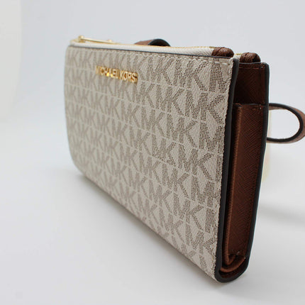 Michael Kors Womens Jet Set Travel Double Zip Wristlet - Signature Pvc (Vanilla Pvc/Dark Acorn), Brown 
