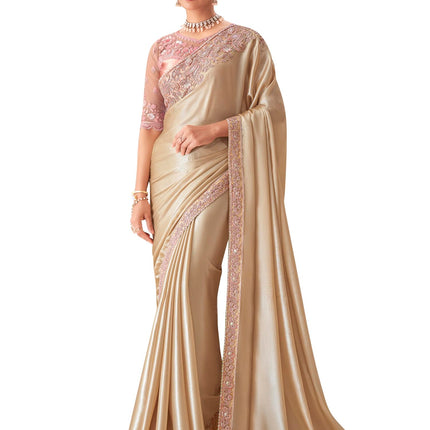 AKHILAM Women's Cream Pure Chiffon Embellished Saree With Unstitched Blouse (SNDLWOD1303_TFH) 