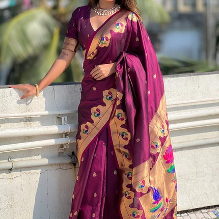 SGF11 Women's Kanjivaram Paithani Pure Soft Silk Saree For Womens With Unstitched Blouse Piece (Purple) 