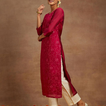 Libas Women's Chanderi Silk Embroidered Straight Kurta (58009_Hot Pink 
