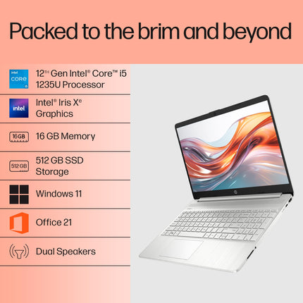HP 15, 12th Gen Intel Core i5-1235U, 16GB DDR4, 512GB SSD, (Win 11, Office 21, Silver, 1.69kg), Anti-Glare, 15.6-inch(39.6cm) FHD Laptop, Intel Iris Xe Graphics, HD Camera, Backlit Keyboard, fy5009tu 