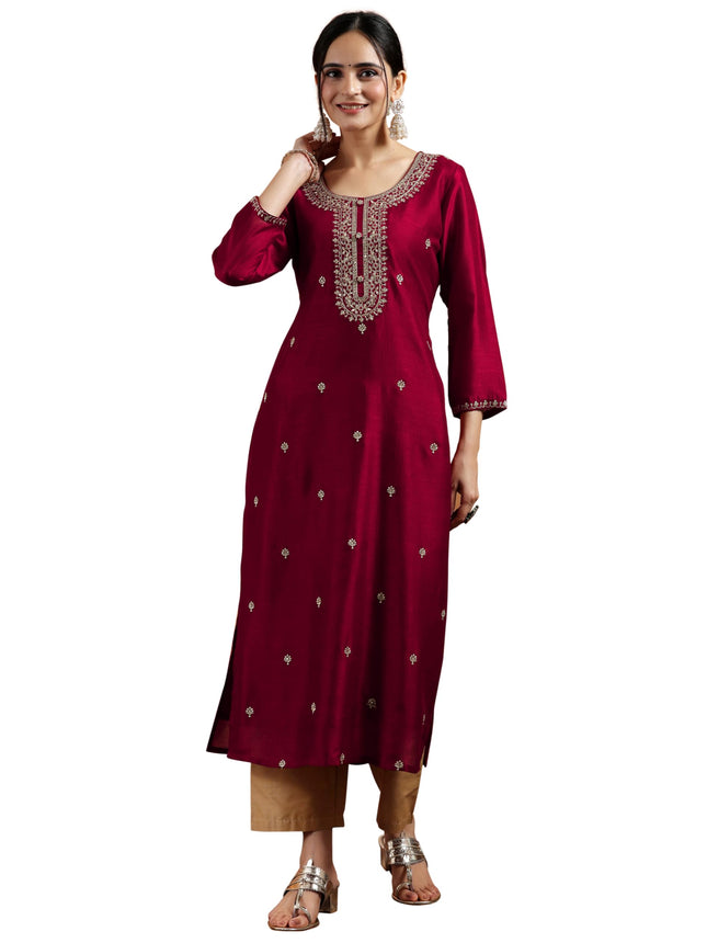 Libas Women's Silk Embroidered Straight Kurta (58141OR_Maroon 