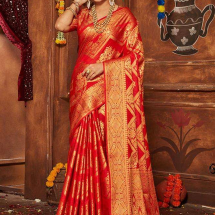 premvastra Women's Pure Silk Brocade Mysore Silk sarees Banarasi Silk Jacquard Zari Work With Unstitched brocket blouse with borders-018 (Red) 