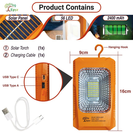 Epyz Solar Light Outdoor Rechargeable LED Torch Lights for Home Outdoor Indoor with AC/DC Torch Light with All in one Features Along [ Pack of 1, 56LED White Light ] 