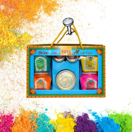 TOTA Divine Holi Gift Pack – 4 Flavours × 100g Herbal Gulal with 2 Mukwas and 1 Chandan Tika | Organic Holi Colours Powder | Gifts Hamper – Set of 4 Holi Gulal Jar + Mouth freshner + Chandan Tilak 